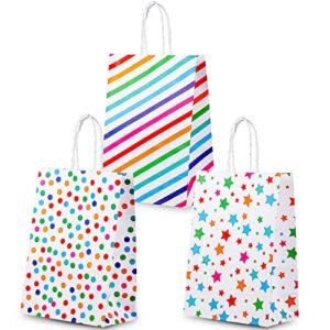 24 pcs kraft paper rainbow party favor bags with handle, stickers assorted colors cute dots stars, small gift bags bulk, goodie bags for kids birthday, wedding, baby shower, crafts and party supplies