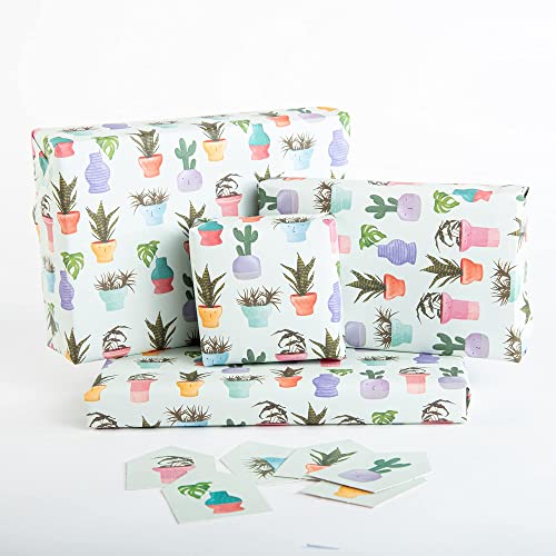 Central 23-6 Wrapping Paper Sheets - Green Pot Plants - Trendy Gift Wrap for Girls Teenagers Women - Birthday - Recyclable - Eco