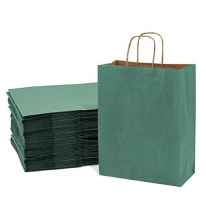 green gift bags – 10x5x13 inch 50 pack medium kraft paper shopping bags with handles, craft totes in bulk for boutiques, small business, retail stores, birthday parties, jewelry, merchandise, bulk