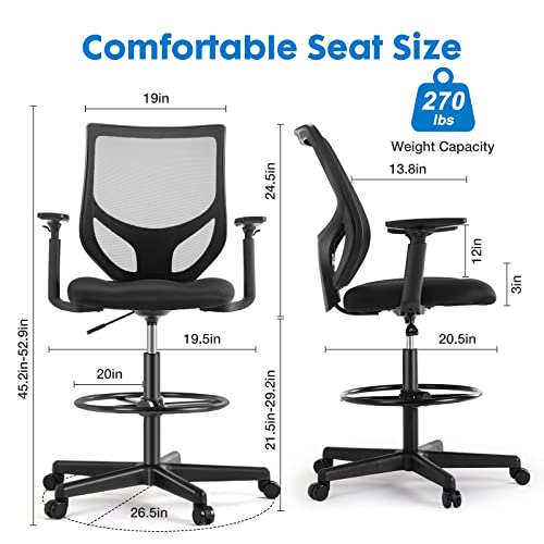 MCQ Drafting Chair Tall Office Chair for Standing Desk Adjustable Height Office Desk Chair with Adjustable Armrests and Foot-Ring for Home Office Drafting