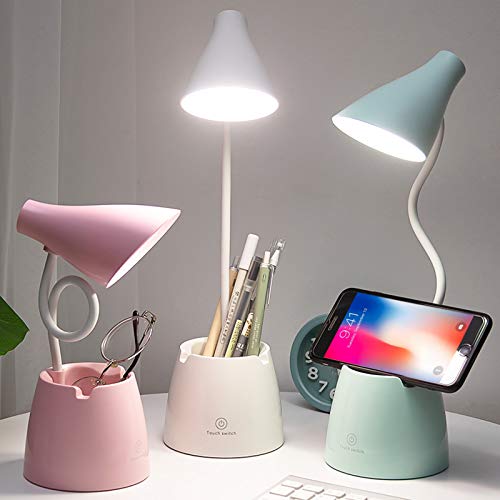 hctaw Desk Lamp LED, Desk Lamps with 3 Lighting Modes and Stepless Dimming, Desk Light 360 ° Flexible Gooseneck with Pen Holder & Mobile Phone Stand for Reading Kids Dorm (White)