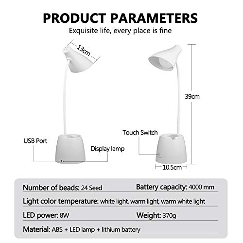 hctaw Desk Lamp LED, Desk Lamps with 3 Lighting Modes and Stepless Dimming, Desk Light 360 ° Flexible Gooseneck with Pen Holder & Mobile Phone Stand for Reading Kids Dorm (White)