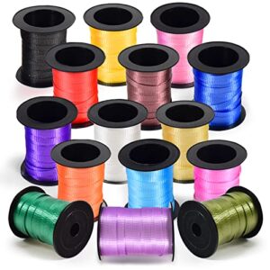 curling ribbon (bulk 15 mini rolls) – assorted colors curly ribbon for gift wrapping- 2×2 inches wide role, thin craft ribbon- fabric ribbon kit for hair, balloons, florists, flowers- 60 ft each