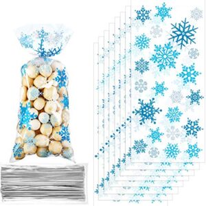 christmas cellophane bags winter snowflake holiday treat bags blue plastic candy goodie bags with twist ties for winter xmas wonderland birthday holiday party favors (200 counts)