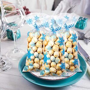 Christmas Cellophane Bags Winter Snowflake Holiday Treat Bags Blue Plastic Candy Goodie Bags with Twist Ties for Winter Xmas Wonderland Birthday Holiday Party Favors (200 Counts)