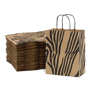 brown paper gift bags – 8x4x10 inch 100 pack brown animal print paper bags with handles, cheetah, zebra, leopard, for shopping, small business, retail, take-out, merchandise, parties, events