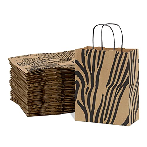 Brown Paper Gift Bags - 8x4x10 Inch 100 Pack Brown Animal Print Paper Bags with Handles, Cheetah, Zebra, Leopard, for Shopping, Small Business, Retail, Take-Out, Merchandise, Parties, Events