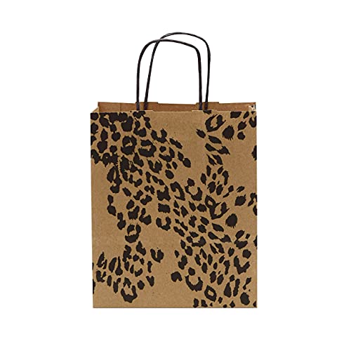 Brown Paper Gift Bags - 8x4x10 Inch 100 Pack Brown Animal Print Paper Bags with Handles, Cheetah, Zebra, Leopard, for Shopping, Small Business, Retail, Take-Out, Merchandise, Parties, Events