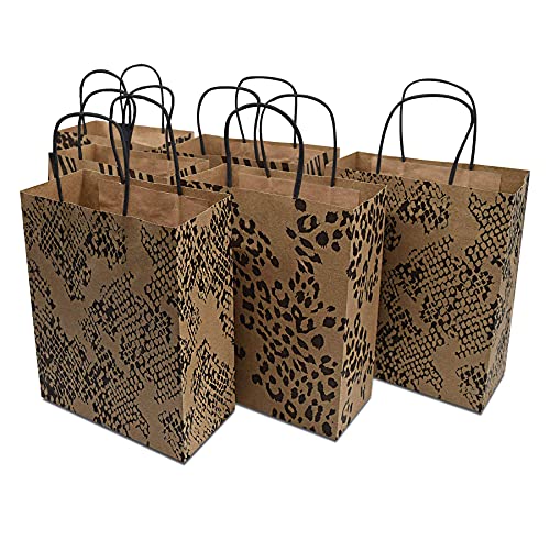 Brown Paper Gift Bags - 8x4x10 Inch 100 Pack Brown Animal Print Paper Bags with Handles, Cheetah, Zebra, Leopard, for Shopping, Small Business, Retail, Take-Out, Merchandise, Parties, Events