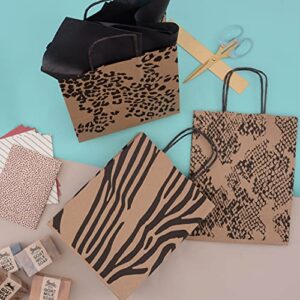 Brown Paper Gift Bags - 8x4x10 Inch 100 Pack Brown Animal Print Paper Bags with Handles, Cheetah, Zebra, Leopard, for Shopping, Small Business, Retail, Take-Out, Merchandise, Parties, Events