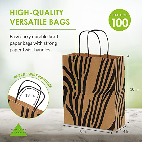 Brown Paper Gift Bags - 8x4x10 Inch 100 Pack Brown Animal Print Paper Bags with Handles, Cheetah, Zebra, Leopard, for Shopping, Small Business, Retail, Take-Out, Merchandise, Parties, Events