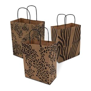 Brown Paper Gift Bags - 8x4x10 Inch 100 Pack Brown Animal Print Paper Bags with Handles, Cheetah, Zebra, Leopard, for Shopping, Small Business, Retail, Take-Out, Merchandise, Parties, Events