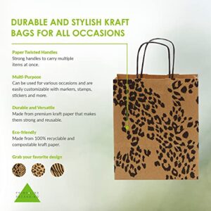 Brown Paper Gift Bags - 8x4x10 Inch 100 Pack Brown Animal Print Paper Bags with Handles, Cheetah, Zebra, Leopard, for Shopping, Small Business, Retail, Take-Out, Merchandise, Parties, Events