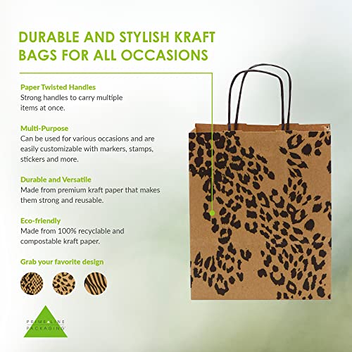 Brown Paper Gift Bags - 8x4x10 Inch 100 Pack Brown Animal Print Paper Bags with Handles, Cheetah, Zebra, Leopard, for Shopping, Small Business, Retail, Take-Out, Merchandise, Parties, Events