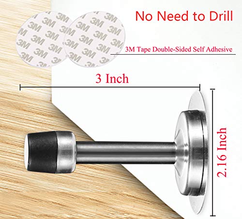 LemonHo No Need to Drill/ Screw in Wall Mounted Door Stopper, 3M Self Adhesive Tape Stainless Steel Doorstop, Rubber Bumper Tip, Pack of 2 Wall Protector Bedroom Door Stops, 3 Inches Height, Silver