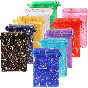 wentao 100pcs moon star sheer organza bags, mixed color wedding favor bags with drawstring, 5×7 jewelry gift bags for party, jewelry, christmas, festival, makeup organza favor bags
