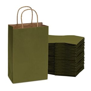 green gift bags – 6x3x9 100 pack small kraft shopping bags with handles, olive green craft paper euro tote bags for boutique, retail, wedding guests, grocery, birthday, small business, bulk