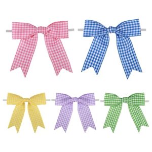 meseey 50 pcs 3 inches gingham ribbon twist tie bows pink/purple/blue/yellow/green buffalo check ribbon pretied bows premade craft bows for gift wrapping basket wedding baby shower brithday party