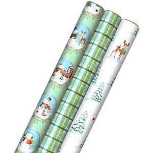 hallmark christmas wrapping paper with cut lines on reverse (3 rolls: 120 sq. ft. ttl) woodland storybook critters, deer, snowmen, mint green and teal blue plaid