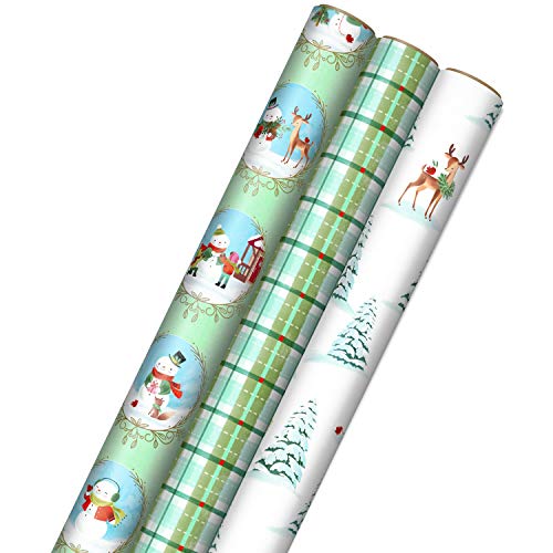 Hallmark Christmas Wrapping Paper with Cut Lines on Reverse (3 Rolls: 120 sq. ft. ttl) Woodland Storybook Critters, Deer, Snowmen, Mint Green and Teal Blue Plaid