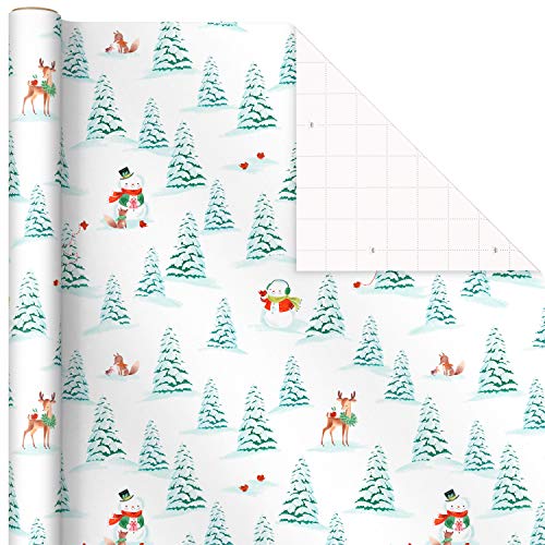 Hallmark Christmas Wrapping Paper with Cut Lines on Reverse (3 Rolls: 120 sq. ft. ttl) Woodland Storybook Critters, Deer, Snowmen, Mint Green and Teal Blue Plaid
