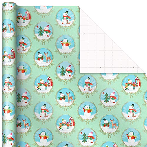 Hallmark Christmas Wrapping Paper with Cut Lines on Reverse (3 Rolls: 120 sq. ft. ttl) Woodland Storybook Critters, Deer, Snowmen, Mint Green and Teal Blue Plaid