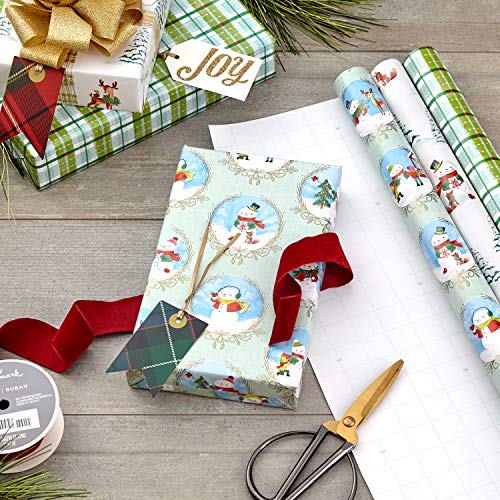 Hallmark Christmas Wrapping Paper with Cut Lines on Reverse (3 Rolls: 120 sq. ft. ttl) Woodland Storybook Critters, Deer, Snowmen, Mint Green and Teal Blue Plaid