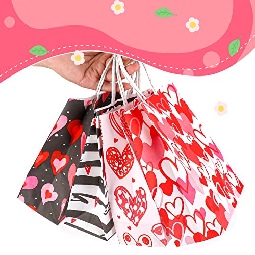 Abeillo 8Pcs Valentines Day Decorations Gift Bags with Handles, Medium Paper Gift Bags Red Love Heart Present Bags for Valentine's Day, Wedding, Sweetest Day, Kids Party Favor Goody Bags