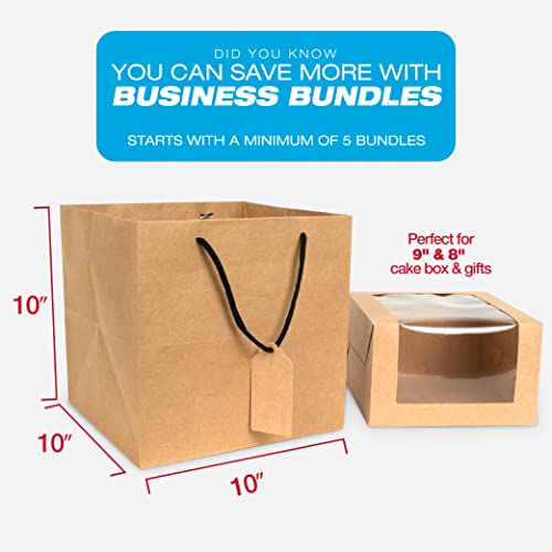 TOHOKU PRIME Brown Square Bottom Bags with Handles Bulk (30PCS) 10"x10"x10" Heavy Duty Kraft Paper Bags Perfect for 9" & 8" Cake Box, Square Shopping Bags with Handles, Square Gift Bags for 8" Gifts