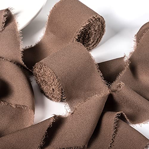 JEDIA Chiffon Ribbon, 3 Rolls Brown Handmade Fringe Chiffon Silk Ribbons, 1.5" x 7Yd Ribbon Set for Gift Wrapping, Wedding Invitations, Bouquet Wrap, Bridal Bouquets, DIY Crafts