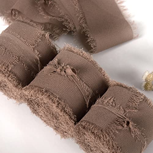 JEDIA Chiffon Ribbon, 3 Rolls Brown Handmade Fringe Chiffon Silk Ribbons, 1.5" x 7Yd Ribbon Set for Gift Wrapping, Wedding Invitations, Bouquet Wrap, Bridal Bouquets, DIY Crafts