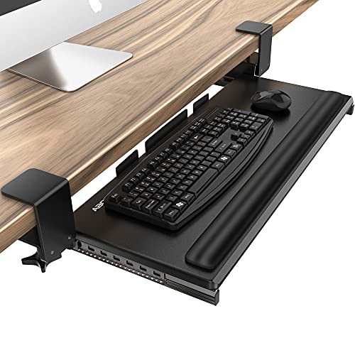 AboveTEK Large Keyboard Tray Under Desk with Wrist Rest, 26.7"×11" Ergonomic Desk Computer Keyboard Stand with Sturdy C Clamp Mount System, Slide-Out Drawer Keyboard Mouse Holder for Office(Black)