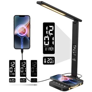 bmqjcbo black led desk lamp for home office with 10w charger & usb port ,lcd display with calendar date temperature zoning display, extra night light function