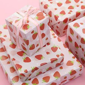 Strawberry Wrapping Paper Happy Birthday Girls Kids 6 Sheets, Cute Sweet Strawberries Fruity Design Perfect DIY Gift Wrap Pink Wraping Paper for Birthday, Holiday, Wedding, Baby Shower, Christmas, Mother's Day, Party and More Occasions