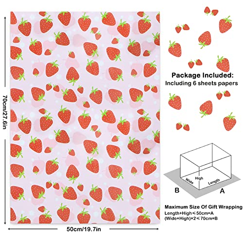 Strawberry Wrapping Paper Happy Birthday Girls Kids 6 Sheets, Cute Sweet Strawberries Fruity Design Perfect DIY Gift Wrap Pink Wraping Paper for Birthday, Holiday, Wedding, Baby Shower, Christmas, Mother's Day, Party and More Occasions