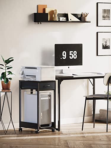 KKL Printer Stand with Storage, Computer Tower Stand with Drawer, Mobile PC Tower Stand Under Desk, CPU Stand Wood Desktop Stand for Home Office, Black & Dark Grey