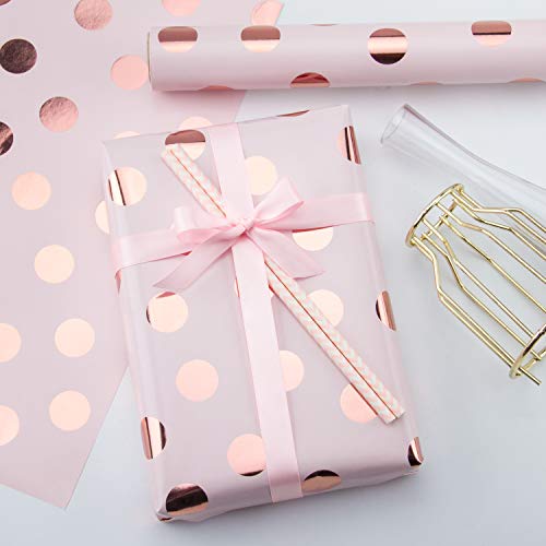 WRAPAHOLIC Wrapping Paper Roll - Mini Roll - 17 Inch x 33 Feet - Rose Gold Foil Polka Dot Design for Birthday, Holiday, Wedding, Baby Shower