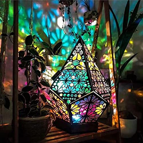 Bohemian Wooden Floor Lamp, Hollow Geometric Retro Floor Decorative Lamp, USB LED Colorful Diamond Lights 3D Projection Night lamp Desk Lamp Home Decor