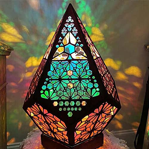 Bohemian Wooden Floor Lamp, Hollow Geometric Retro Floor Decorative Lamp, USB LED Colorful Diamond Lights 3D Projection Night lamp Desk Lamp Home Decor