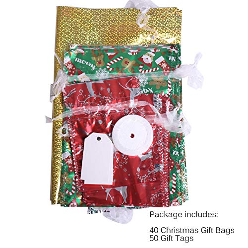 Christmas Gift Bags,40Pcs Santa Wrapping Bag in 4 Sizes and 4 Designs with Inserted Drawstring Ribbons and Tags for Wrapping Holiday