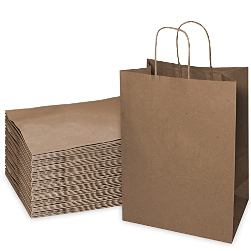 EcoQuality - 13x7x17 inches - 100pcs - Large Brown Kraft Paper Bags with Handles, Shopping, Gift Bags, Party, Merchandise, Lunch Bags, Grocery Bags