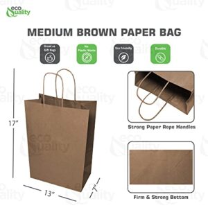 EcoQuality - 13x7x17 inches - 100pcs - Large Brown Kraft Paper Bags with Handles, Shopping, Gift Bags, Party, Merchandise, Lunch Bags, Grocery Bags