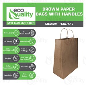 EcoQuality - 13x7x17 inches - 100pcs - Large Brown Kraft Paper Bags with Handles, Shopping, Gift Bags, Party, Merchandise, Lunch Bags, Grocery Bags