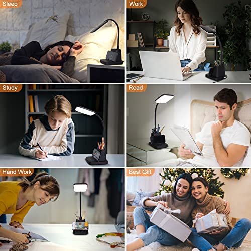 Vicsoon Desk Lamp with Wireless Charger, LED Desk Lamps for Home Office, 800 Lumens, Small Desk Lamp with Pen Holder, Flexible Arm, 3 Modes, Dimming, Touch Lamp for College Dorm Room, with Adapter