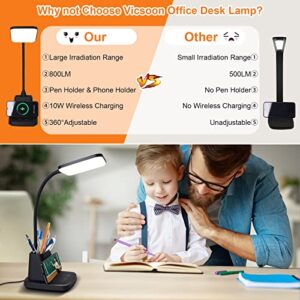 Vicsoon Desk Lamp with Wireless Charger, LED Desk Lamps for Home Office, 800 Lumens, Small Desk Lamp with Pen Holder, Flexible Arm, 3 Modes, Dimming, Touch Lamp for College Dorm Room, with Adapter