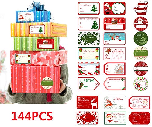 Amosfun Christmas Self Adhesive Gift Tag Stickers Santa Snowmen Xmas Tree Deer Christmas Festival Birthday Wedding Holiday Decorative Presents Labels Decals Christmas Gift for friends 144 pack