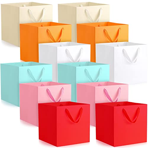 Yahenda 12 Pcs Christmas Colorful Square Gifts Bags with Handles Kraft Party Favor Gifts Bag Birthday Goodie Shopping Merchandise Cookie Craft Retail Candy Bags 10 x 10 x 10 Inches