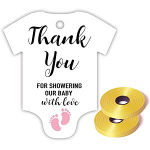 thank you for showering our baby with love tags, pink little feet baby shower favor tags, baby onesie gift tags, thank you tags, pack of 50