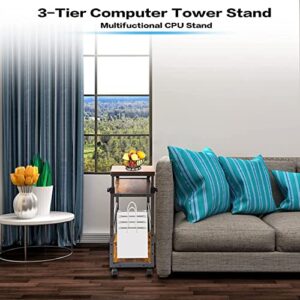 3 Tier Computer Tower Stand Adjustable, PC Tower Stand for Carpet, Height Adjustable Printer Stand with Storage, PC Computer Tower Carts with Wheels, Large Tall Gaming Computer Tower CPU Stand Wood