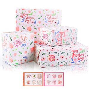 mamunu 6 sheets mother’s day gift wrapping paper, “happy mother’s day” pink floral wrapping paper with stickers for mother’s day, thanksgiving, anniversary, valentine’s day gift wrapping, 20 x 28 inch per sheet